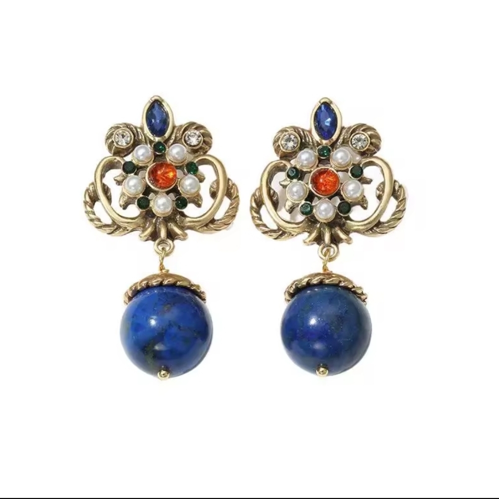 Vintage Blue and Gold Drop Earrings - Picture 6 of 8